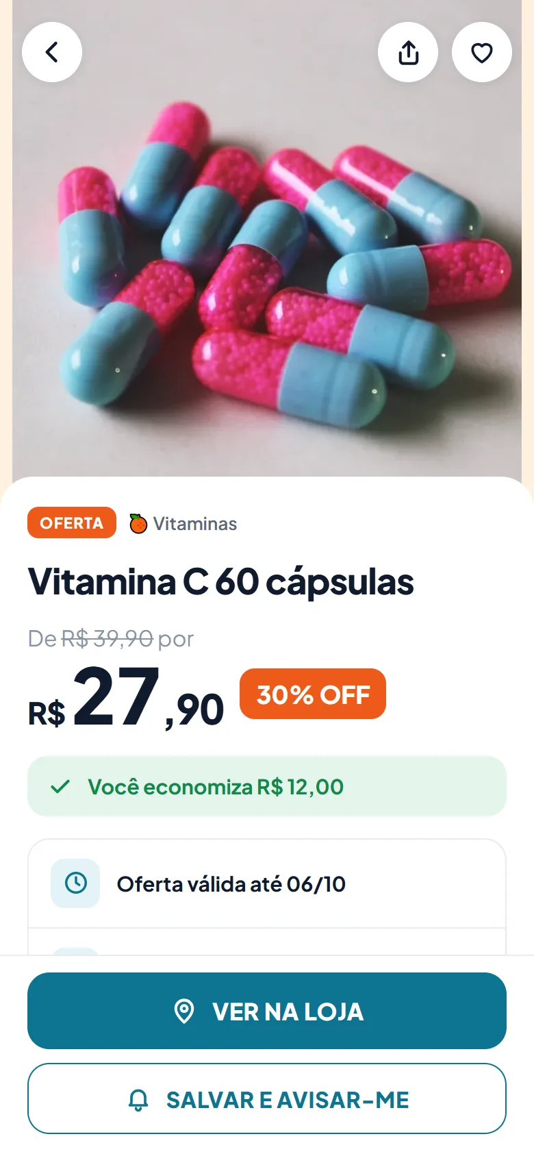 Página de uma oferta de vitamina C com preço, desconto e o botão Salvar e avisar-me