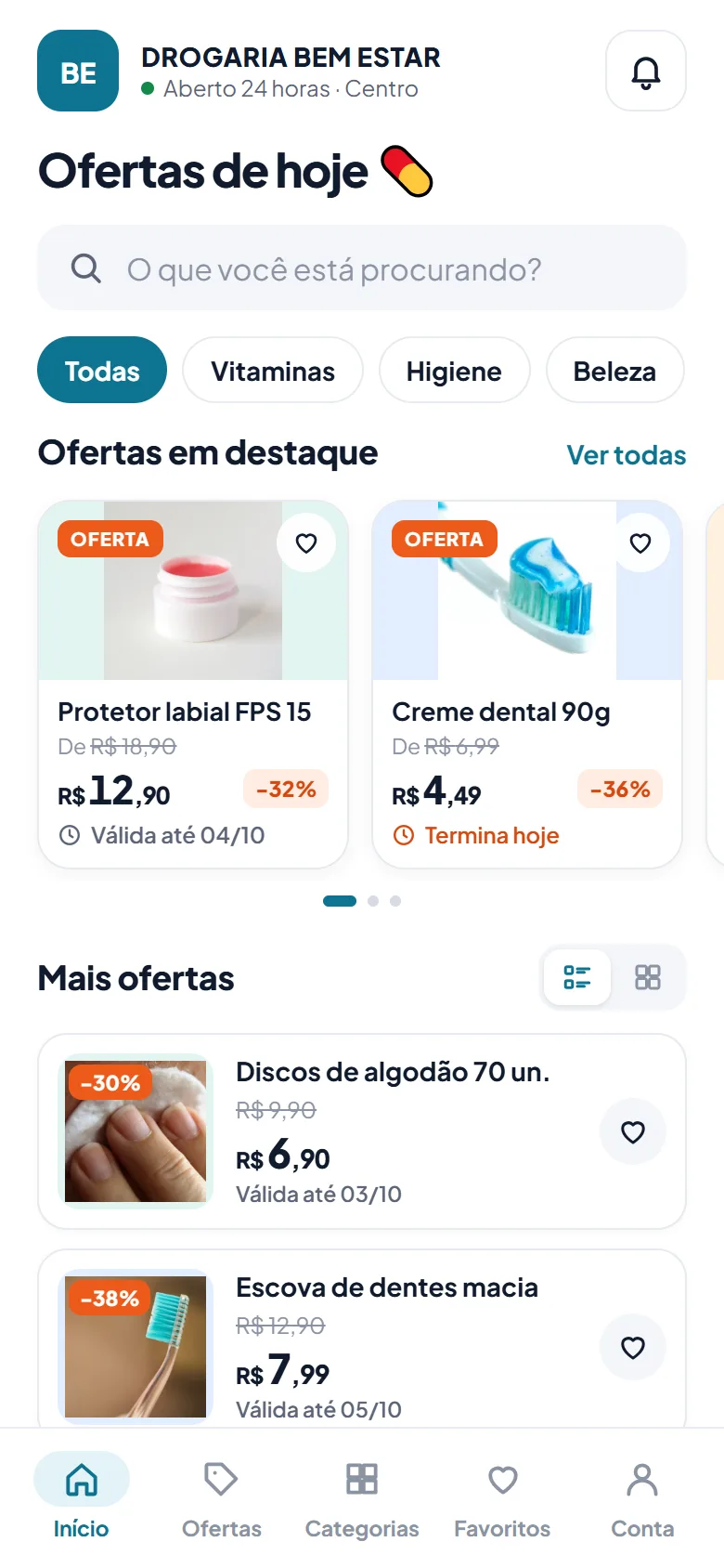 App de uma drogaria com ofertas de protetor labial, creme dental e escova de dentes