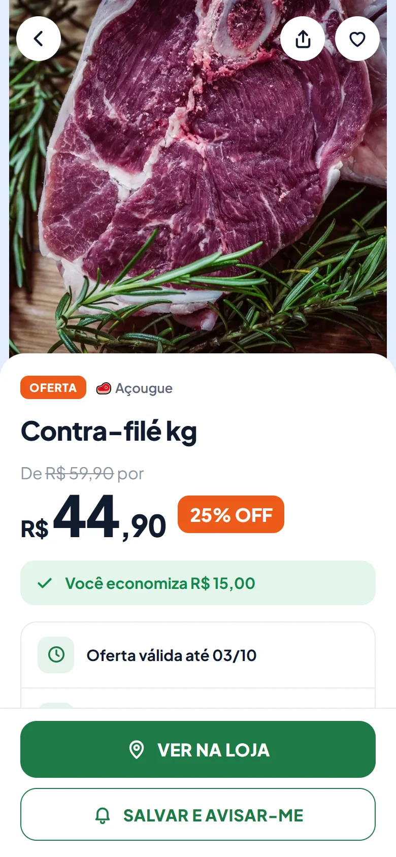 Página de uma oferta de contra-filé com preço, validade e o botão Ver na loja