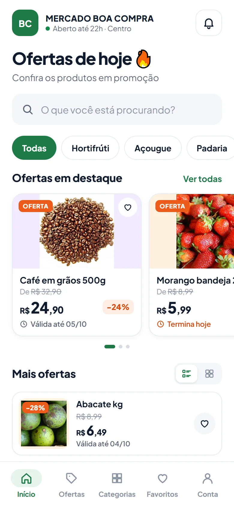 App de um supermercado com as ofertas em destaque e as categorias