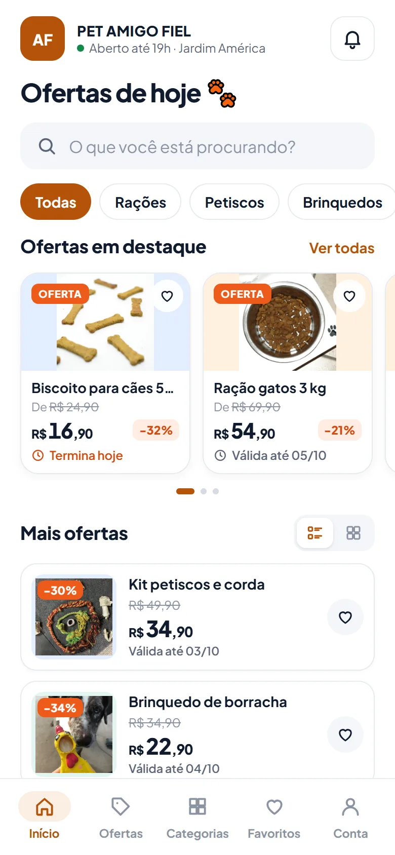 App de um pet shop com ofertas de biscoito para cães e ração para gatos